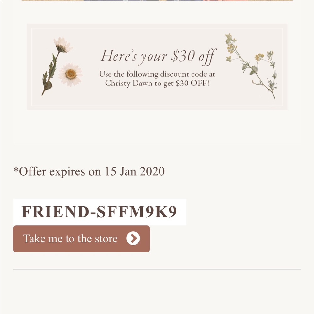 Christy Dawn referral code- $30 off purchase!